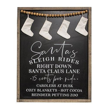 Santa's Sleigh Rides Stocking Beaded Wood Sign - The Fox Decor